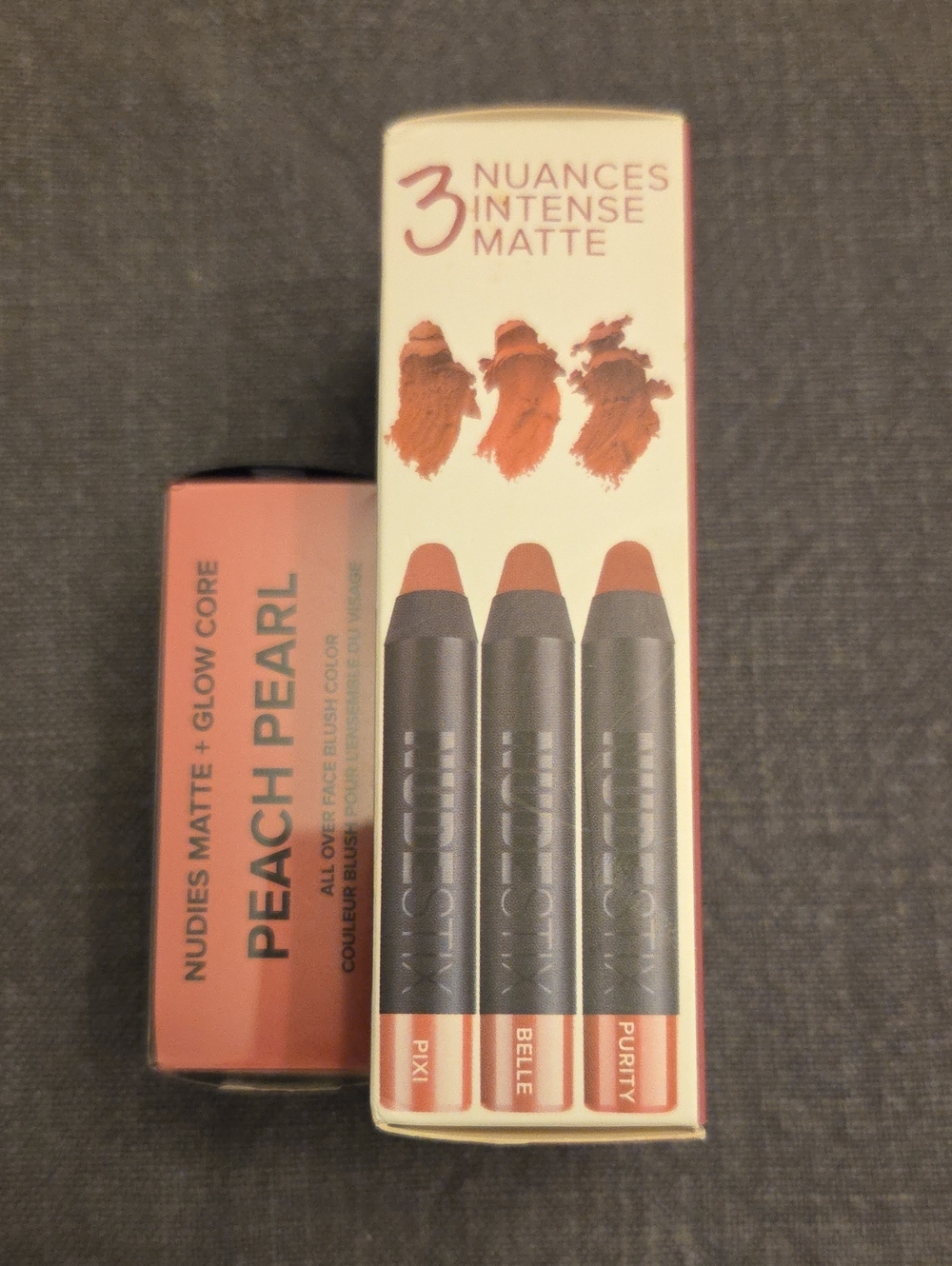 NUDESTIX 3-Color Matte Blush Crayon Set (Pixi, Belle, Purity) + Peach Blush NIB